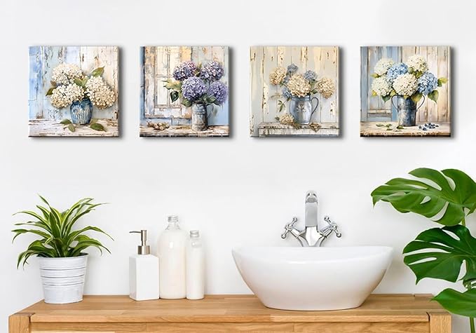 Blue Hydrangea Wall Art Vintage Farmhouse Flowers Pictures Bathroom Wall Decor Blossom Floral Painting Abstract Nature Botanical Posters Artwork for Living Room Kitchen Home Decoration 12x12” 4Pcs