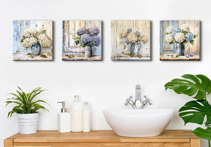 Blue Hydrangea Wall Art Vintage Farmhouse Flowers Pictures Bathroom Wall Decor Blossom Floral Painting Abstract Nature Botanical Posters Artwork for Living Room Kitchen Home Decoration 12x12” 4Pcs