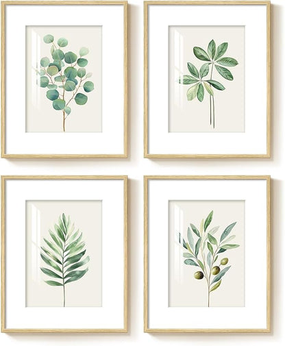 Framed Sage Green Botanical Wall for Kitchen, 4 Piece Minimalist Modern Farmhouse Plant Artwork for Walls, Boho Green Leaf Picture Prints for Kitchen Bathroom Bedroom Living Room Decor, 8x10 Inch