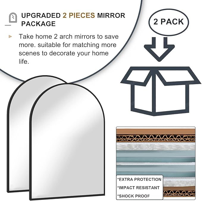 Wall Mounted Mirror, Arched Wall Mirror for Bathroom, 20"x30" Arch Bathroom Mirror with Metal Frame, 2 Piece Black Vanity Mirror Decor for Mantle, Bedroom, Entryway