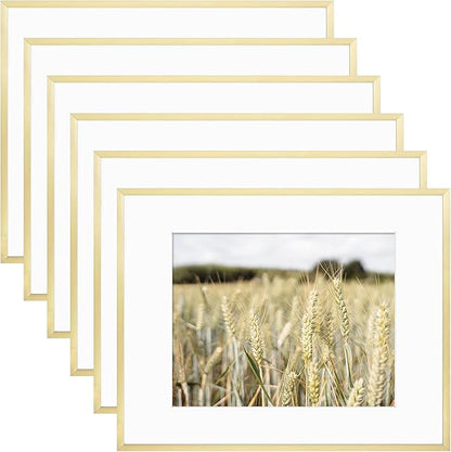 Golden State Art, Gallery Wall Frame Set of 6 - Gold 11x14 Aluminum Photo Frames with Mat for 8x10 Pictures - 11 x 14 inch Metal Frame with Real Glass Cover - Elegant Home or Office Decor