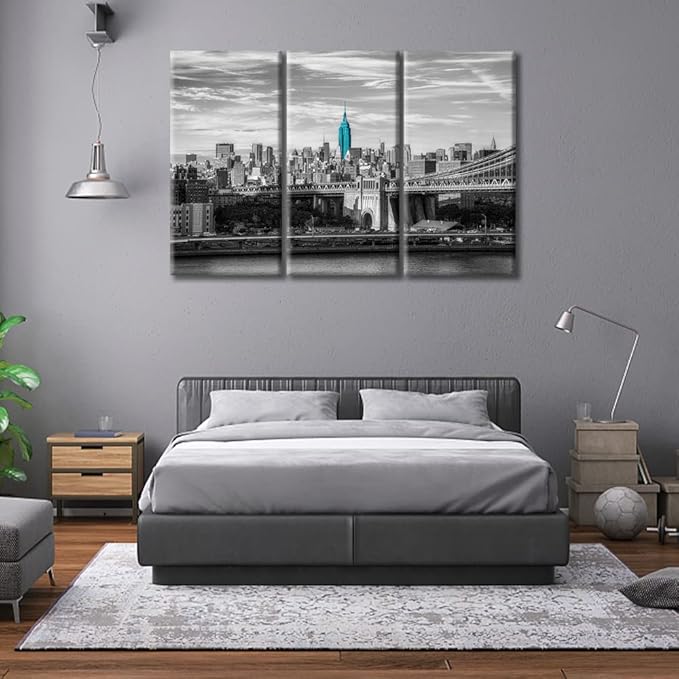 TUMOVO 3 Panels New York USA Downtown Skyline Modern Home Decor Skyscrapers City Skyline Pictures Canvas Wall Art for Bedroom, Living Room, Office. Framed Ready to Hang (60" Wx40 H)
