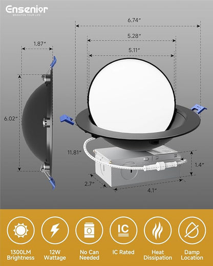 Ensenior 12 Pack 6 inch Black Gimbal Led Recessed Light, 5CCT 2700K-5000K, 360°+90° Rotatable, Dimmable, Aluminum, CRI90+, 1300LM 12W 120V, Eyeball Recessed Lighting, Directional Can Light, ETL&FCC