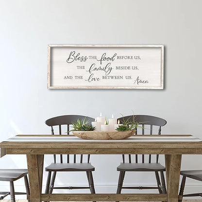 Bless the Food Before Us Wall Decor Sign 40" X 15" Dining Room Wall Decor Framed Wood for Large Farmhouse Vintage Prayer Catholic Kitchen Wall Hanging Scripture Bible Verse Art (White)
