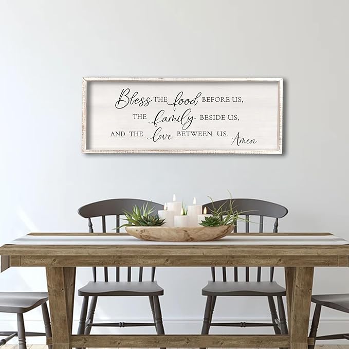 Bless the Food Before Us Wall Decor Sign 32" X 12" Dining Room Wall Decor Framed Wood for Large Farmhouse Vintage Prayer Catholic Kitchen Wall Hanging Scripture Bible Verse Art (White)