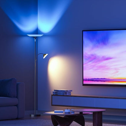 SIBRILLE RGB Torchiere Floor Lamp - 2 Way Dimmable LED Standing Lamp with Remote&Button Control, 34W Rotatable Floor Reading Light, 72'' Tall Modern Corner Lamp for Living Room Bedroom Office, Black