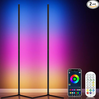 WISIMMALL 2PCS RGB Corner Floor Lamp, 64.5" RGB Color Changing Mood Light Bluetooth APP and Remote Control Music Sync LED 398 Dimmable Modes Modern Floor Lamp for Living Room, Light Timing