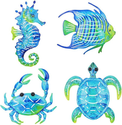 Coastal Decor Metal Wall Art, Ocean Theme Outdoor Wall Decor, Crab Seahorse Sea Turtle Metal Fish Nautical Wall Decor for Pool Fence Bathroom Indoor Garden Yard Kitchen (Set of 4)