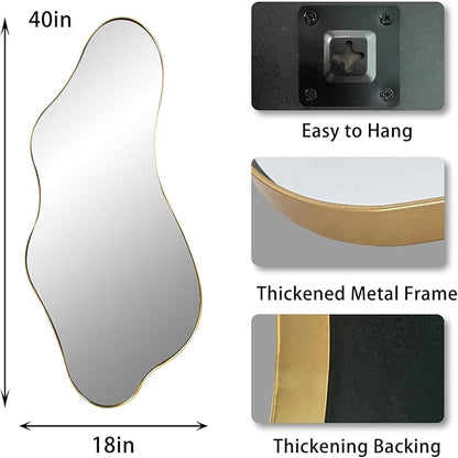 Irregular Mirror, 40"x18" Asymmetrical Wall Mirror with Gold Metal Frame, Odd Shaped Mirror, Modern Abstract Mirrors for Living Room Bedroom Hallway Entryway, Horizontal or Vertical Hanging