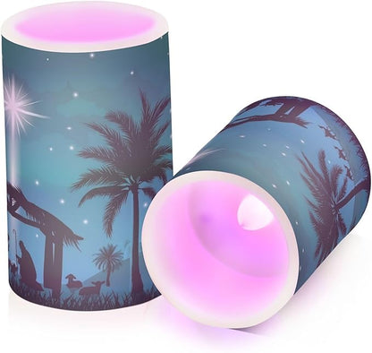ALAZA Christmas Scene of The Nativity Flickering Flameless Candles Battery Operated with Remote Timer,Tea Light Candles LED Pillar Votive Candles Set of 2 for Outdoor Indoor Decorations