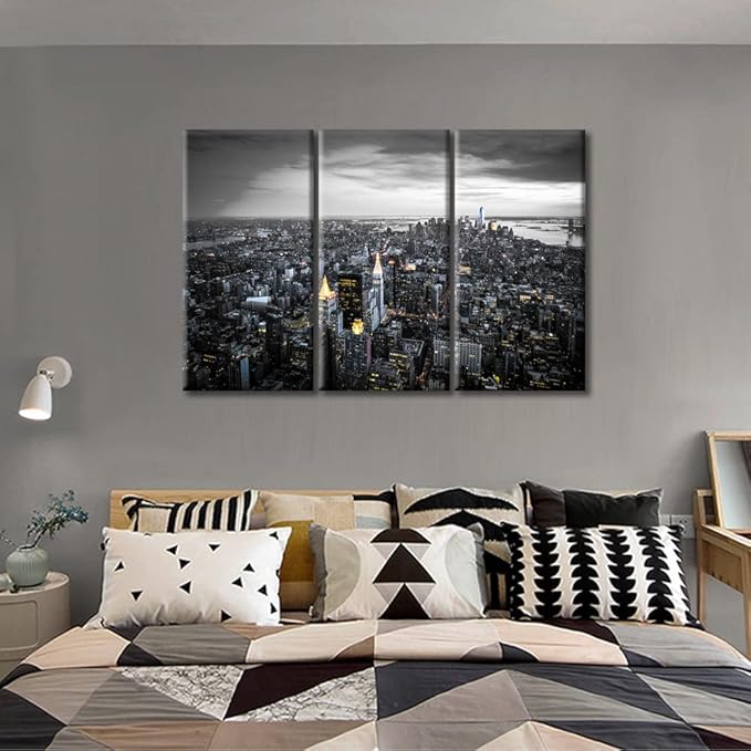 TUMOVO American Cityscape Black and White Wall Art 3 Panels Manhattan Skyscrapers City Skyline Wall Decor Living Room Nighttime Lightscape Modern Home Decor Framed Ready to Hang (36" Wx24 H)