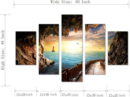 Beautiful Landscape Sunset Seagulls Stone Scene Picture Seascape Modern Pictures Painting on Canvas 5 Panel Combination Enlarge for Wall Art Living Room Home Decor Framed Stretched (60''W x 40''H)