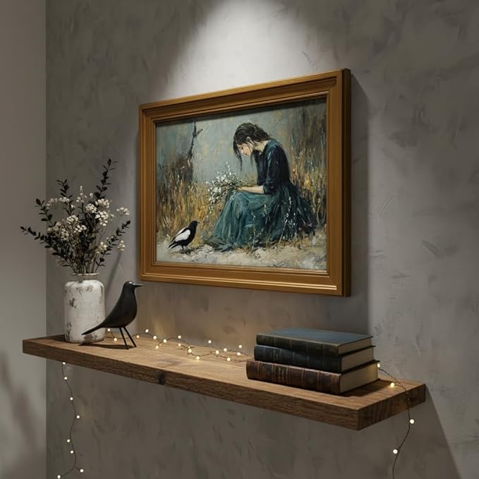 Vintage Gold Framed Canvas Wall Art, Girl Magpie Poster Artwork, Dark Moody Print Picture, Melancholic Aesthetic Painting Wall Decor, for Living Room, Bedroom, Study Home Decoration, 9x11in