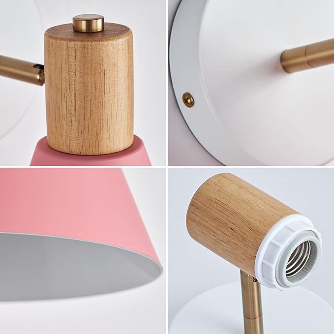 Plug in Wall Sconces Lighting Fixture Pack of 2, Wooden Adjustable Bedside Wall lamp for Industrial Bedroom, Living Room Bathroom Sink Lighting (2, Pink)