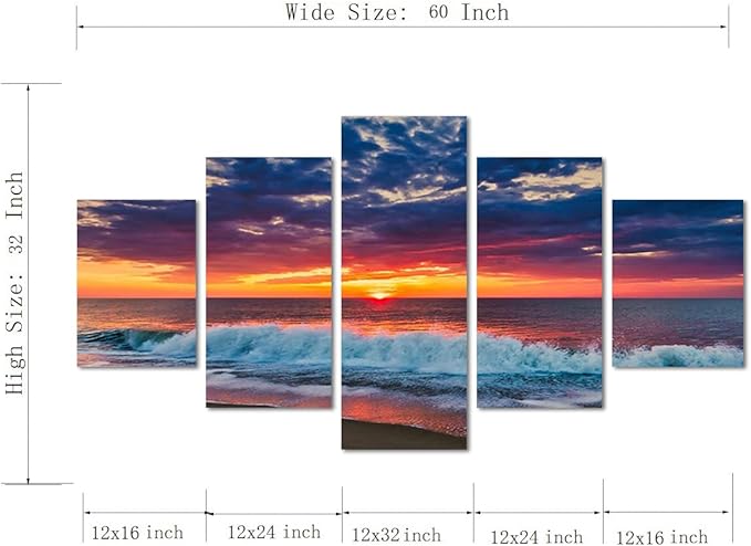 Beaches Wall Art 5 Piece Set Sunset Poster Ocean Scenic Nature Photography Pictures HD Print on Canvas Modern Home Office Decor for Living Room Bedroom Bathroom Wall Decoration Framed Ready to Hang - 60"W x 32"H