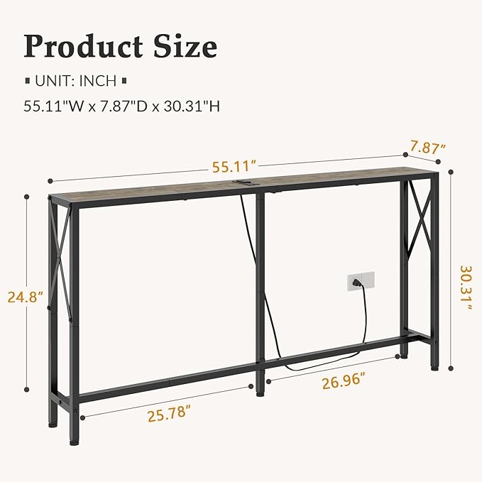 Gewudraw Sofa Table with Oulets and USB Ports, 55.1" Couch Table Behind Sofa, Industrial Long Skinny Stand for Hallway, Living Room, Bedroom, 6.5 Feet Power Cord