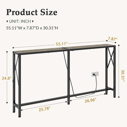Gewudraw Sofa Table with Oulets and USB Ports, 55.1" Couch Table Behind Sofa, Industrial Long Skinny Stand for Hallway, Living Room, Bedroom, 6.5 Feet Power Cord