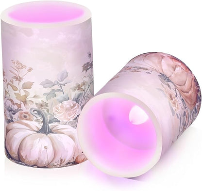 ALAZA Autumn Pink Pumpkins Floral Flickering Flameless Candles Battery Operated with Remote Timer,Tea Light Candles LED Pillar Votive Candles Set of 2 for Outdoor Indoor Decorations