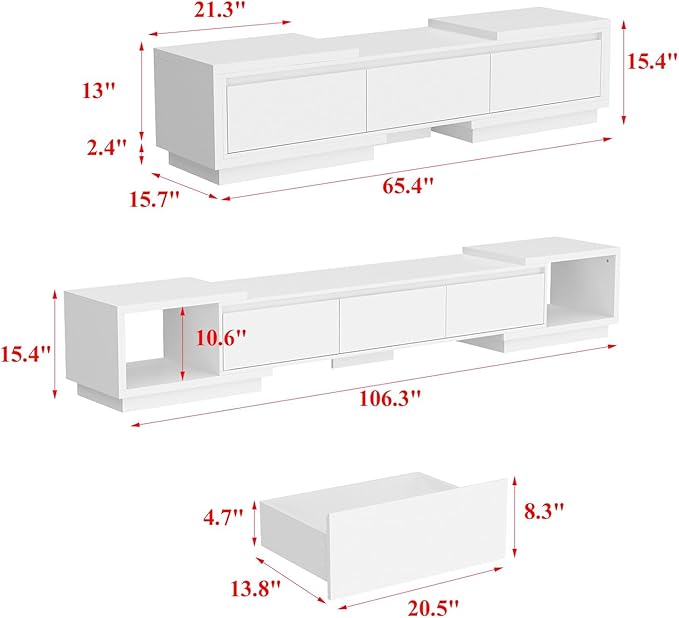 Extendable TV Console Table Modern TV Cabinet with Drawers, Contemporary Entertainment Center Media Storage Console Table for Living Room White (65.4-106.3”W x 15.7”D x 15.4”H)