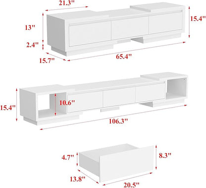 Extendable TV Console Table Modern TV Cabinet with Drawers, Contemporary Entertainment Center Media Storage Console Table for Living Room White (65.4-106.3”W x 15.7”D x 15.4”H)
