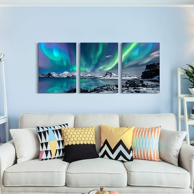 MHARTK66 Wall Art for Living Room Wall Decor for Bedroom Office Decor Abstract Mountain Aurora Landscapes Painting 3 Piece Scenic Framed Canvas Art Prints Ready to Hang Wall Pictures Home Decor