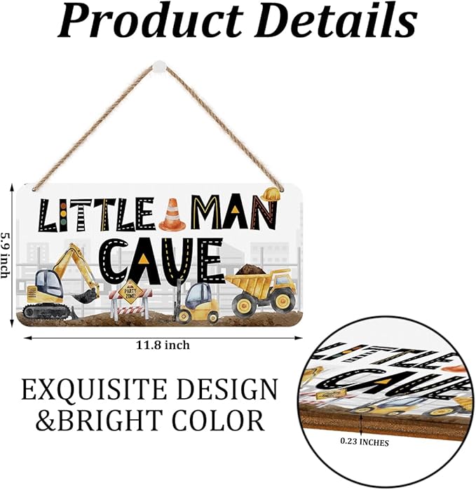 Little Man Cave Sign for Boys Construction Trucks Wooden Door Wall Hanging Nursery Decor Rustic Baby Room Toddler Boy Gamer Decor