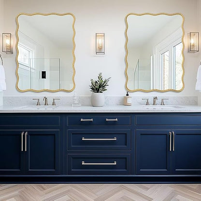 PROHOMEWARE 28 * 40" Gold Bathroom Mirror for Wall,Wavy Rectangular Mirror,Vanity Mirror,Bathroom Mirrors for Wall,Wall-Mounted Metal Frame Mirror for Bedroom Entryway Living Room Farmhouse (Gold)
