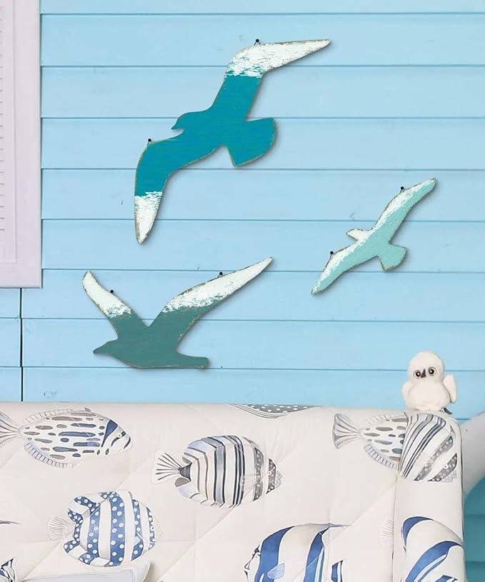 Putuo Decor 3pcs Seagull Wall Decor, Wooden Sea Bird Beach Wall Art, Ocean Home Decor Indoor Coastal Theme Wall Hanging for Bathroom Home Living Room Lake House