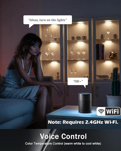 Cefrank Smart Puck Lights 6 Pack - [2700K-6000K Dimmable] WiFi Under Cabinet Lighting Kit, No Hub Alexa & Google Assistant Controlled, Easy Stick on Lights for Kitchen, Pantry, Closet & Safe