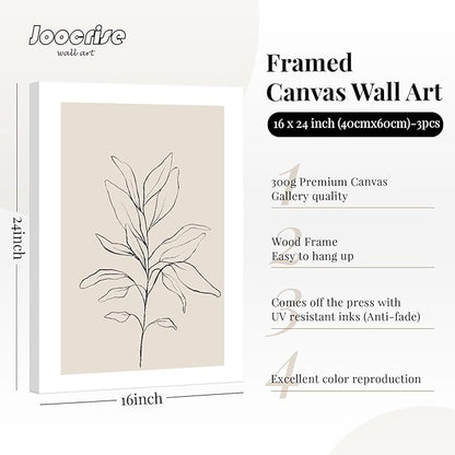 Botanical Wall Art Decor Neutral Wall Decor Boho Beige Canvas Wall Art Botanical Minimalist Pictures Neutral Prints Beige Posters Boho Artwork for Room Bedroom 16x24x3 Inch Framed