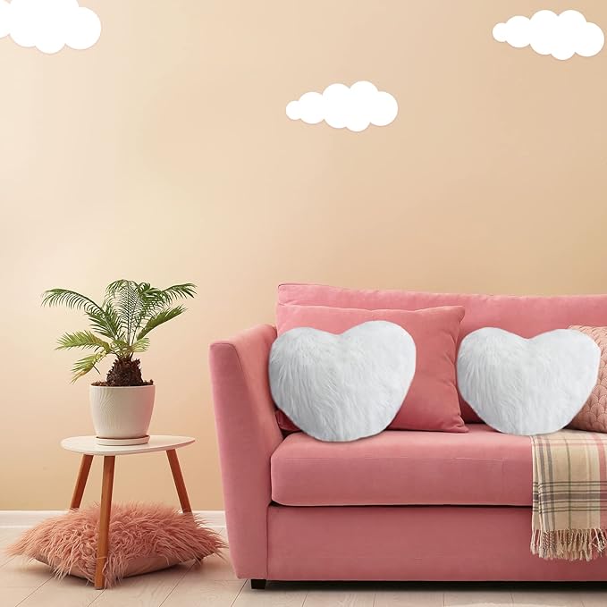 Enhon 2 Pcs Fluffy Heart Pillows Faux Fur Heart Shaped Plush Pillow Soft 20 x 15.7 Inch Love Throw Pillows with Insert for Decorative Office Home Bedroom Living Room Sofa(White)