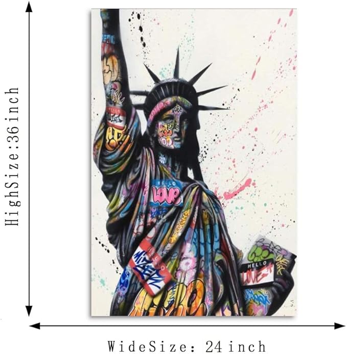 Graffiti Statue of Liberty Canvas Wall Art Colorful USA Patriotic Wall Decor Modern Street Art Painting Print for Living Room Bedroom Office, Freedom America Artwork Ready to Hang 24"WX36"H