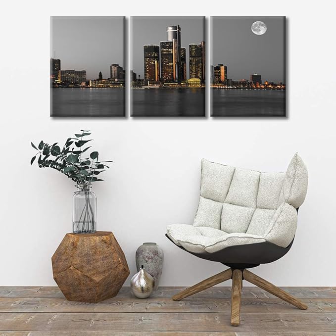 TUMOVO Wall Decor Detroit Downtown Skyline Wall Art Beautiful City Skyline Pictures Wall Decor for Living Room 3 Piece Skyscrapers Contemporary Home Decor Framed Ready to Hang (36" Wx16 H)