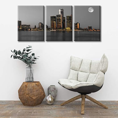 TUMOVO Wall Decor Detroit Downtown Skyline Wall Art Beautiful City Skyline Pictures Wall Decor for Living Room 3 Piece Skyscrapers Contemporary Home Decor Framed Ready to Hang (36" Wx16 H)