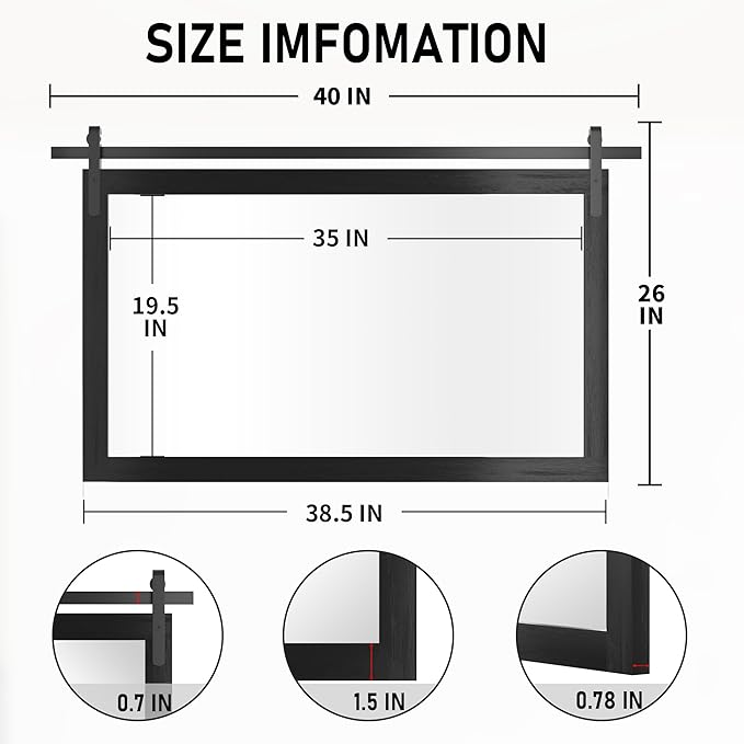 Black Farmhouse Mirror for Wall, 40x26INCH Large Wood Framed Square Bathroom Mirrors for Vanity, Barn Door Style Mirrors Wall Mounted Dresser Decor Mirror Living Room Bedroom Horizontal