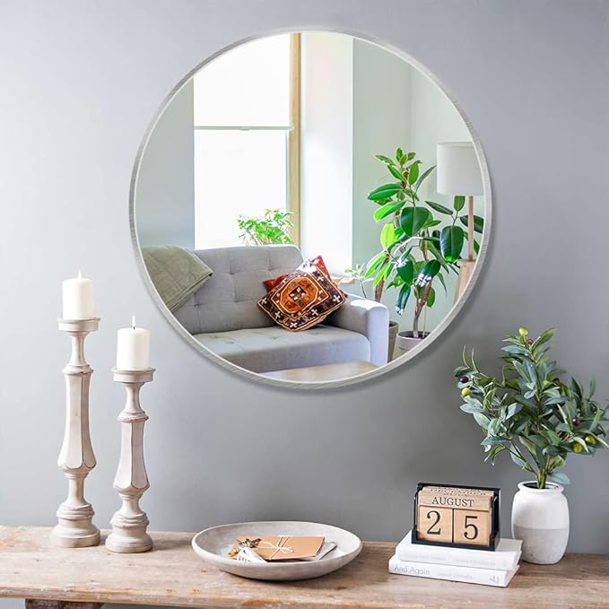 Itrue 36 Inch Round Wall Mirror, Brushed Silver Metal Frame Circle Bathroom Vanity Mirror, Silver-Backed HD Glass Decorative Mirror for Over Sink, Living Room, Bedroom, Entryway