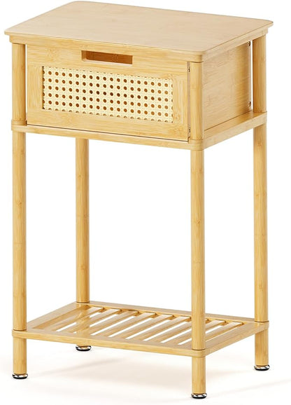 Bamboo Nightstand, Boho Side Table with Drawer and Open Shelf, 3 Tier End Table, Bedside Table, Accent Table, Small Dresser for Bedroom, Dorm and Small Spaces, Natural