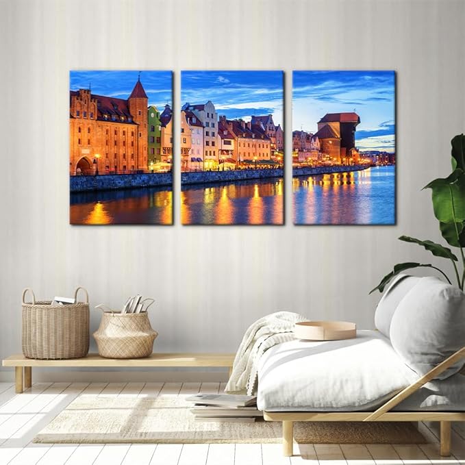 Pacimo 3 Pieces Framed Wall Art Decorations Wisla River Landscape Painting Print on Canvas Gdansk Poland Cityscape Wall Art for Home Office Decor Modern Artwork Stretch Ready to Hang - 16"x24"x3