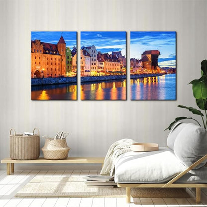 Pacimo 3 Pieces Framed Wall Art Decorations Wisla River Landscape Painting Print on Canvas Gdansk Poland Cityscape Wall Art for Home Office Decor Modern Artwork Stretch Ready to Hang - 16"x24"x3