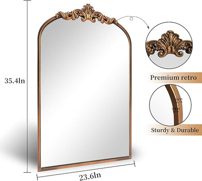 OUSHUAI Gold Antique Mirror,24"X36" Arched Bathroom Mirror,Victorian Antique Bronze Mirrors with Full Matel Frame,Wall Arch Mirror for Entryway/Bathroom/Fireplace