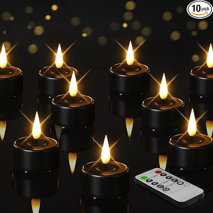 Eywamage Black Flameless Tealights with Remote Batteries, Real Wax Flickering LED Tea Votive Candles Set of 10