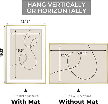 Golden State Art, Gallery Wall Frame Set of 6 - Gold 13x19 Aluminum Photo Frames with Mat for 11x17 Pictures - 13 x 19 inch Metal Frame with Real Glass Cover - Elegant Home or Office Decor