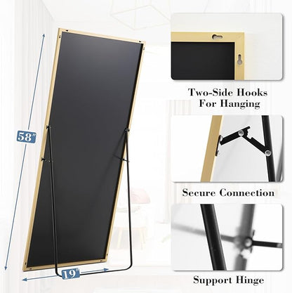 DUMOS 19"x58" Full Length Mirror with Stand, Floor Standing Aluminum Frame, Shatter-Proof Nano Glass for Bedroom, Living Room, Cloakroom – Modern Simple Home Decor,Can Be Hanging or Leaning, Gold