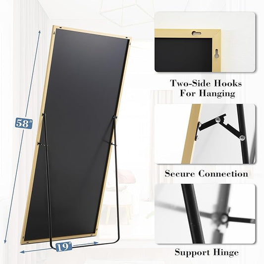 NEWBULIG Mirror Full Length, 58"x19" Body Wall Mirrors with Shatter-Proof Glass, Upgraded Floor Standing Mirror, Hanging or Leaning, with Stand Aluminum Alloy Frame for Home Decor, Bedroom, Gold