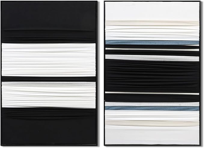 Textured Abstract Fabric Wall Art 3D Canvas Black and White Decor - Dimensional Minimalist Drape Modern Contemporary Living Room Bedroom Office Decor, Framed Set of 2-24"x36" Each - Ready to Hang