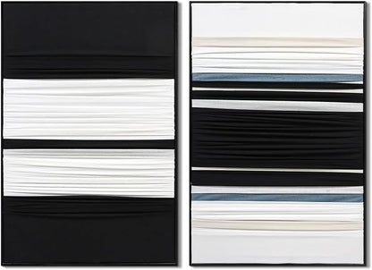 Textured Abstract Fabric Wall Art 3D Canvas Black and White Decor - Dimensional Minimalist Drape Modern Contemporary Living Room Bedroom Office Decor, Framed Set of 2-24"x36" Each - Ready to Hang