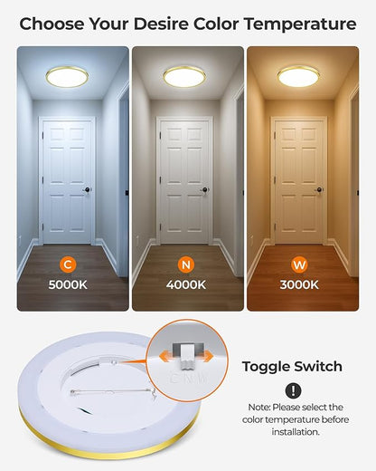 Matane 12 Inch LED Flush Mount Ceiling Light Fixture with Night Light, 24W 2400LM 3000K/4000K/5000K Selectable, Dimmable Ceiling Lights for Bedroom, Dining Room, Kitchen, Round Gold