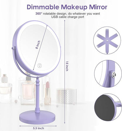 DEIOVWXS Makeup Mirror, 3000mAh Rechargeable Double-Sided Magnifying Vanity Mirror with 3 Colors, 1X/10X, Adjustable Brightness, Gifts for Mom, Mothers Day, Women, Wife, Girls, Dorm Room Essential