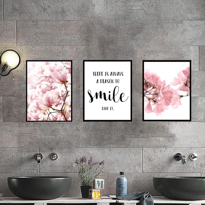 Framed Scandinavian Flower Canvas Poster Pink Magnolia Floral Print Painting Nordic Smile Quote Art Wall Pictures for Living Room Office Bedroom Home Decor -3 Pack (12 X 16Inch)