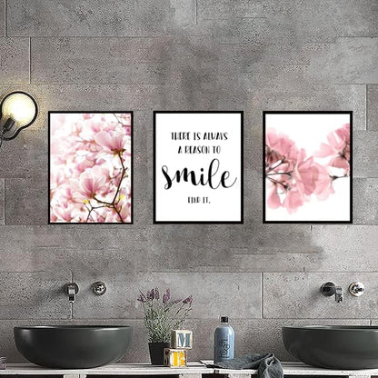 Framed Scandinavian Flower Canvas Poster Pink Magnolia Floral Print Painting Nordic Smile Quote Art Wall Pictures for Living Room Office Bedroom Home Decor -3 Pack (12 X 16Inch)